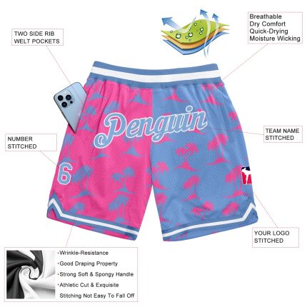 Personalized Pink Light Blue-White 3D Pattern Design Palm Trees Authentic Basketball Shorts Team Custom Name and Number