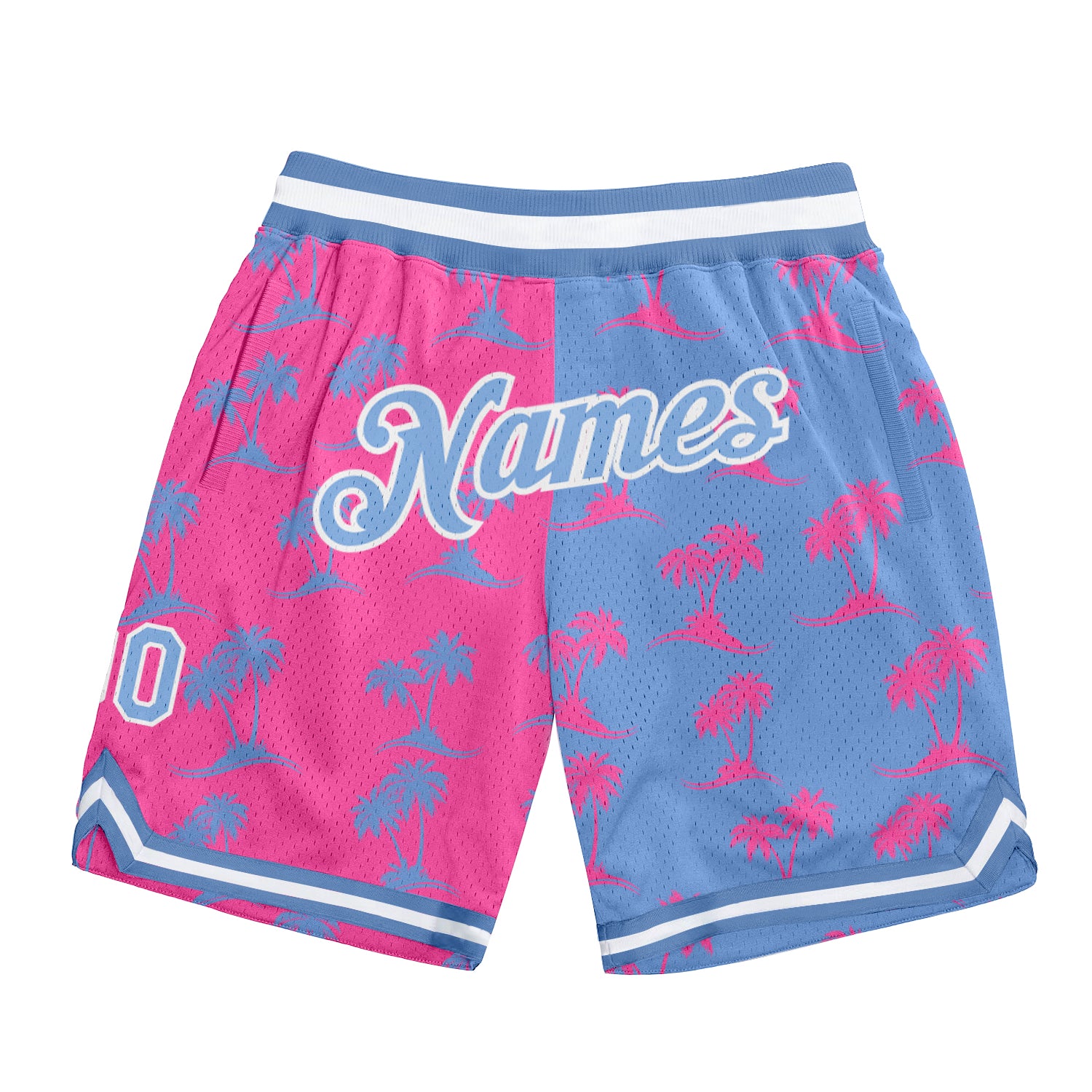 Personalized Pink Light Blue-White 3D Pattern Design Palm Trees Authentic Basketball Shorts Team Custom Name and Number