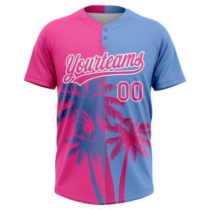 Personalized Pink Light Blue-White 3D Pattern Hawaii Coconut Trees Two-Button Unisex Softball Jersey Team Custom Name and Number