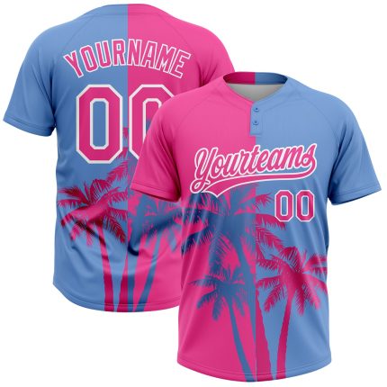 Personalized Pink Light Blue-White 3D Pattern Hawaii Coconut Trees Two-Button Unisex Softball Jersey Team Custom Name and Number