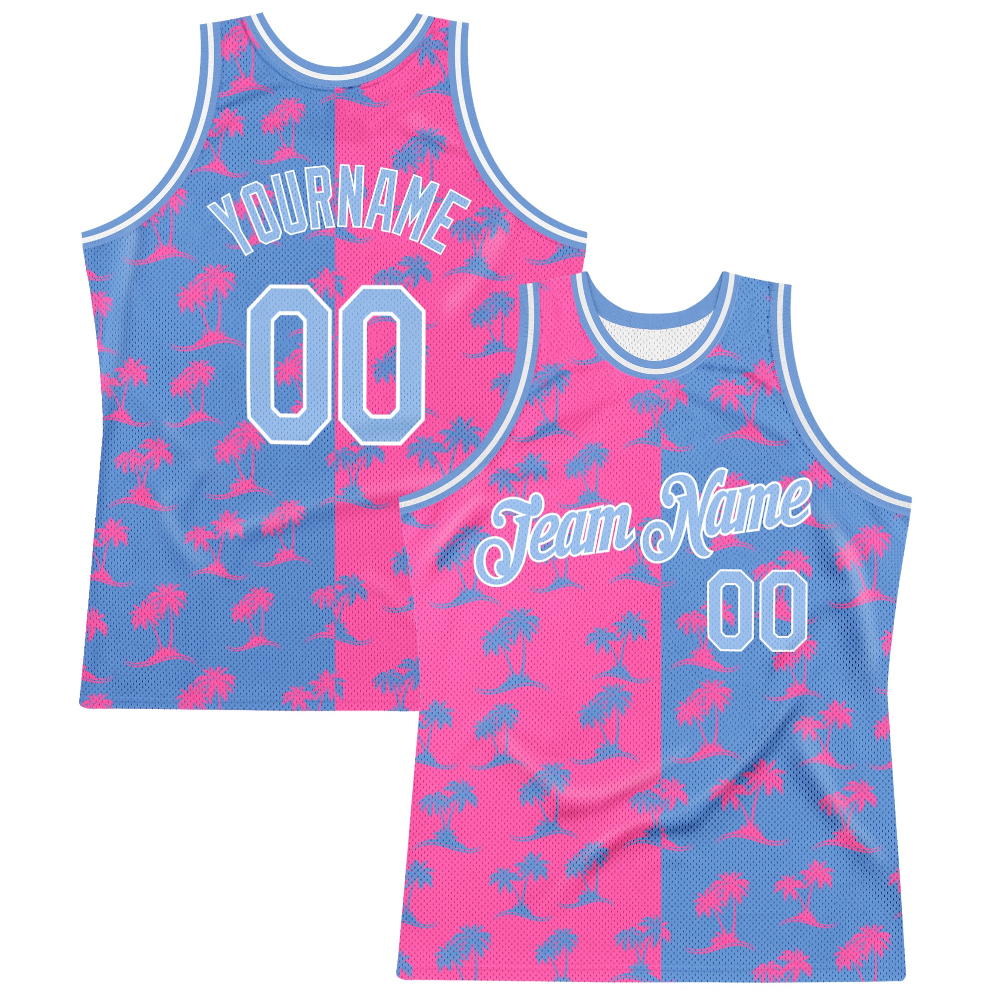 Personalized Pink Light Blue-White 3D Pattern Hawaii Palm Trees Authentic Basketball Jersey Team Custom Name and Number