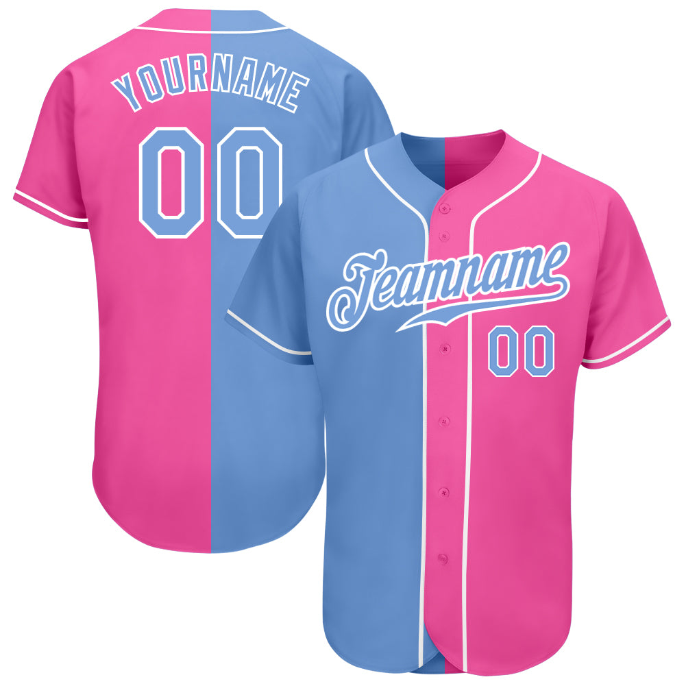 Personalized Pink Light Blue-White Authentic Split Fashion Baseball Jersey Team Custom Name and Number