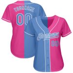 Personalized Pink Light Blue-White Authentic Split Fashion Baseball Jersey Team Custom Name and Number