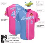 Personalized Pink Light Blue-White Authentic Split Fashion Softball Jersey Team Custom Name and Number
