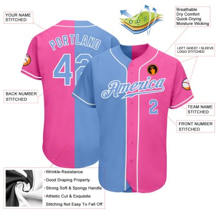 Personalized Pink Light Blue-White Authentic Split Fashion Softball Jersey Team Custom Name and Number