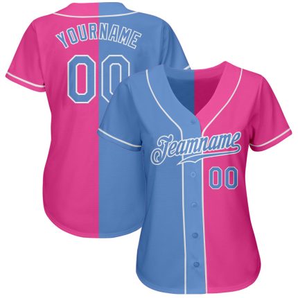 Personalized Pink Light Blue-White Authentic Split Fashion Softball Jersey Team Custom Name and Number