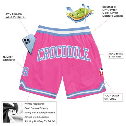 Personalized Pink Light Blue-White Authentic Throwback Basketball Shorts Team Custom Name and Number