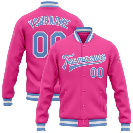 Personalized Pink Light Blue-White Bomber Full-Snap Varsity Letterman Jacket Team Custom Name and Number