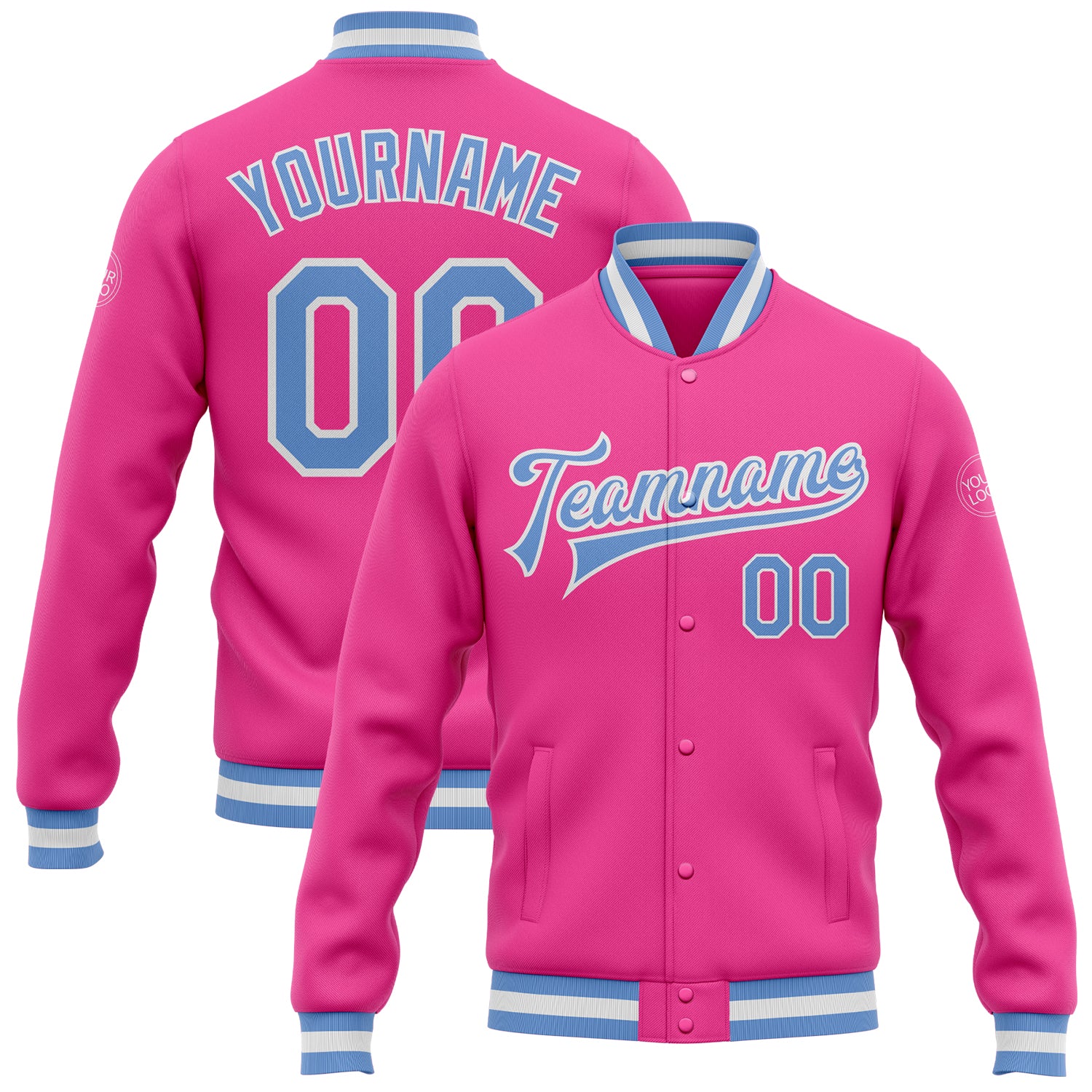 Personalized Pink Light Blue-White Bomber Full-Snap Varsity Letterman Jacket Team Custom Name and Number