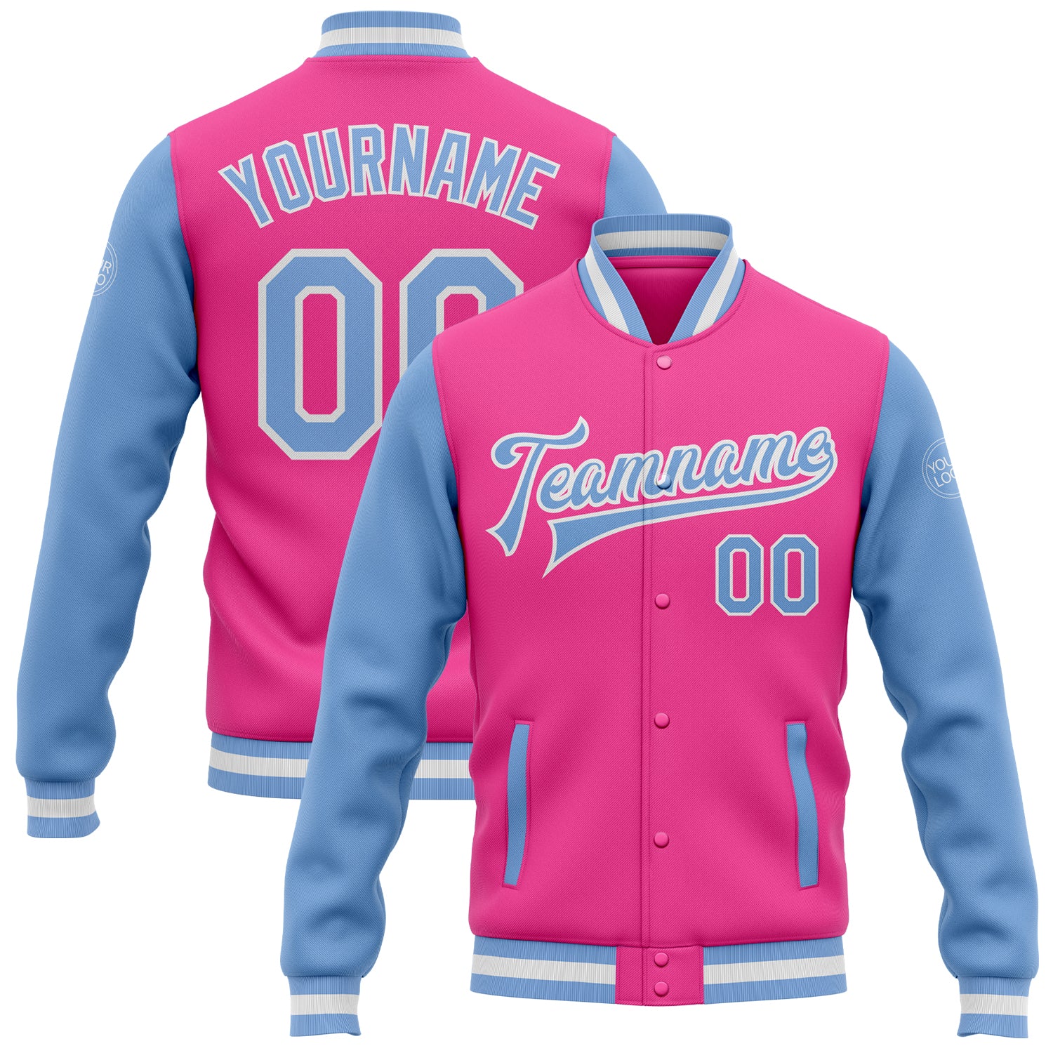 Personalized Pink Light Blue-White Bomber Full-Snap Varsity Letterman Two Tone Jacket Team Custom Name and Number