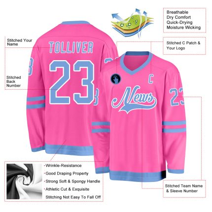 Personalized Pink Light Blue-White Hockey Jersey Team Custom Name and Number