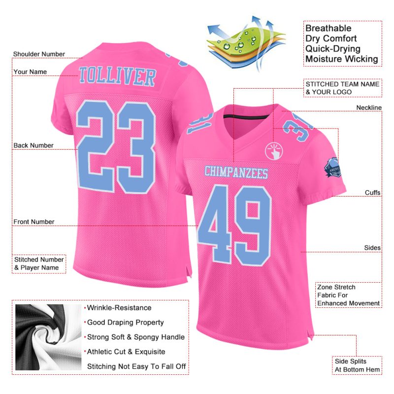 Personalized Pink Light Blue-White Mesh Authentic Football Jersey Team Custom Name and Number