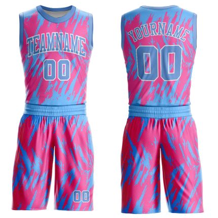 Personalized Pink Light Blue-White Round Neck Sublimation Basketball Suit Jersey Team Custom Name and Number