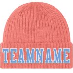 Personalized Pink Light Blue-White Stitched Cuffed Knit Hat Team Custom Name and Number