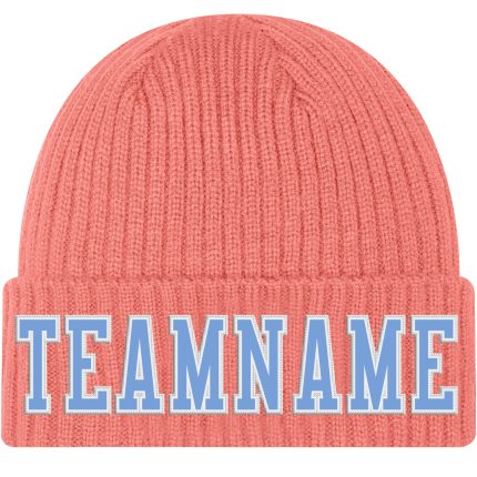Personalized Pink Light Blue-White Stitched Cuffed Knit Hat Team Custom Name and Number