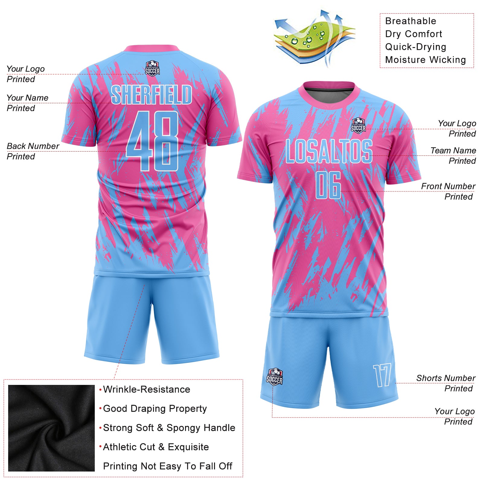Personalized Pink Light Blue-White Sublimation Soccer Uniform Jersey Team Custom Name and Number Personalized Pink Light Blue-White Sublimation Soccer Uniform Jersey Team Custom Name and Number - Image 6