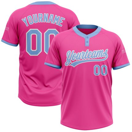 Personalized Pink Light Blue-White Two-Button Unisex Softball Jersey Team Custom Name and Number