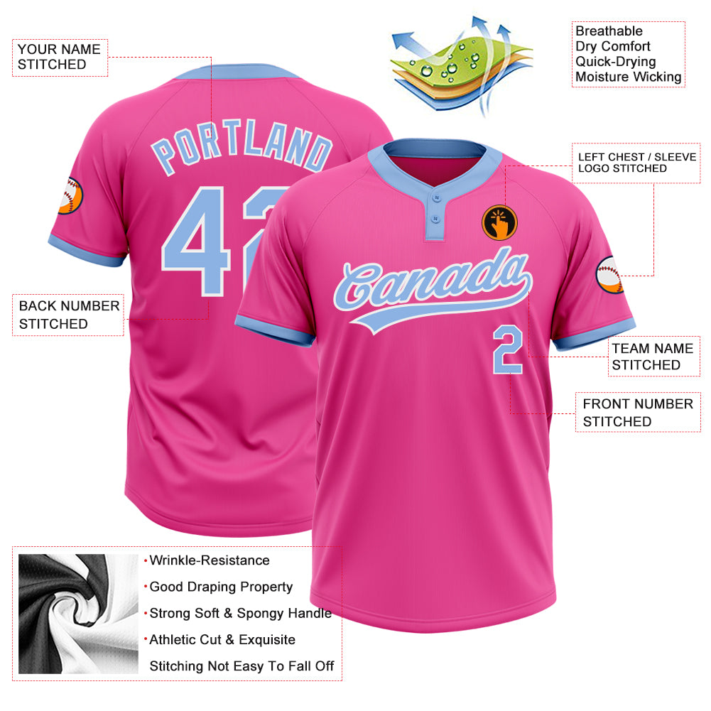 Personalized Pink Light Blue-White Two-Button Unisex Softball Jersey Team Custom Name and Number Personalized Pink Light Blue-White Two-Button Unisex Softball Jersey Team Custom Name and Number - Image 3