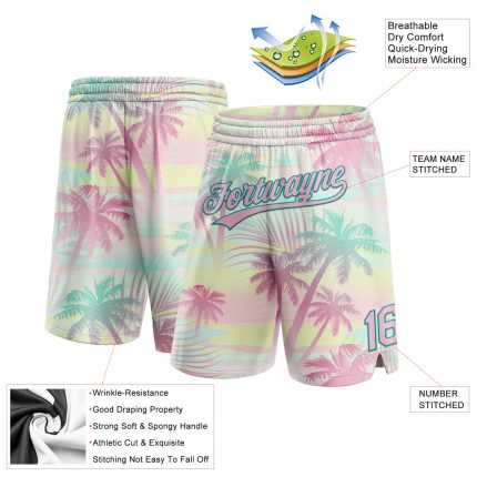 Personalized Pink Light Pink-Teal 3D Pattern Hawaii Palm Trees Authentic Basketball Shorts Team Custom Name and Number