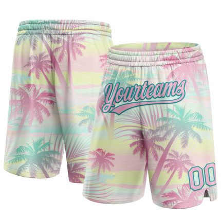 Personalized Pink Light Pink-Teal 3D Pattern Hawaii Palm Trees Authentic Basketball Shorts Team Custom Name and Number