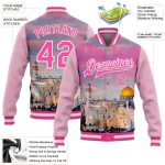 Personalized Pink Light Pink-White The Dome Of The Rock Jerusalem Israel City Edition 3D Bomber Full-Snap Varsity Letterman Jacket Team Custom Name and Number