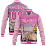 Personalized Pink Light Pink-White The Dome Of The Rock Jerusalem Israel City Edition 3D Bomber Full-Snap Varsity Letterman Jacket Team Custom Name and Number