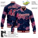 Personalized Pink Maroon Cream-Navy 3D Pattern Design Bomber Full-Snap Varsity Letterman Jacket Team Custom Name and Number
