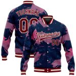 Personalized Pink Maroon Cream-Navy 3D Pattern Design Bomber Full-Snap Varsity Letterman Jacket Team Custom Name and Number