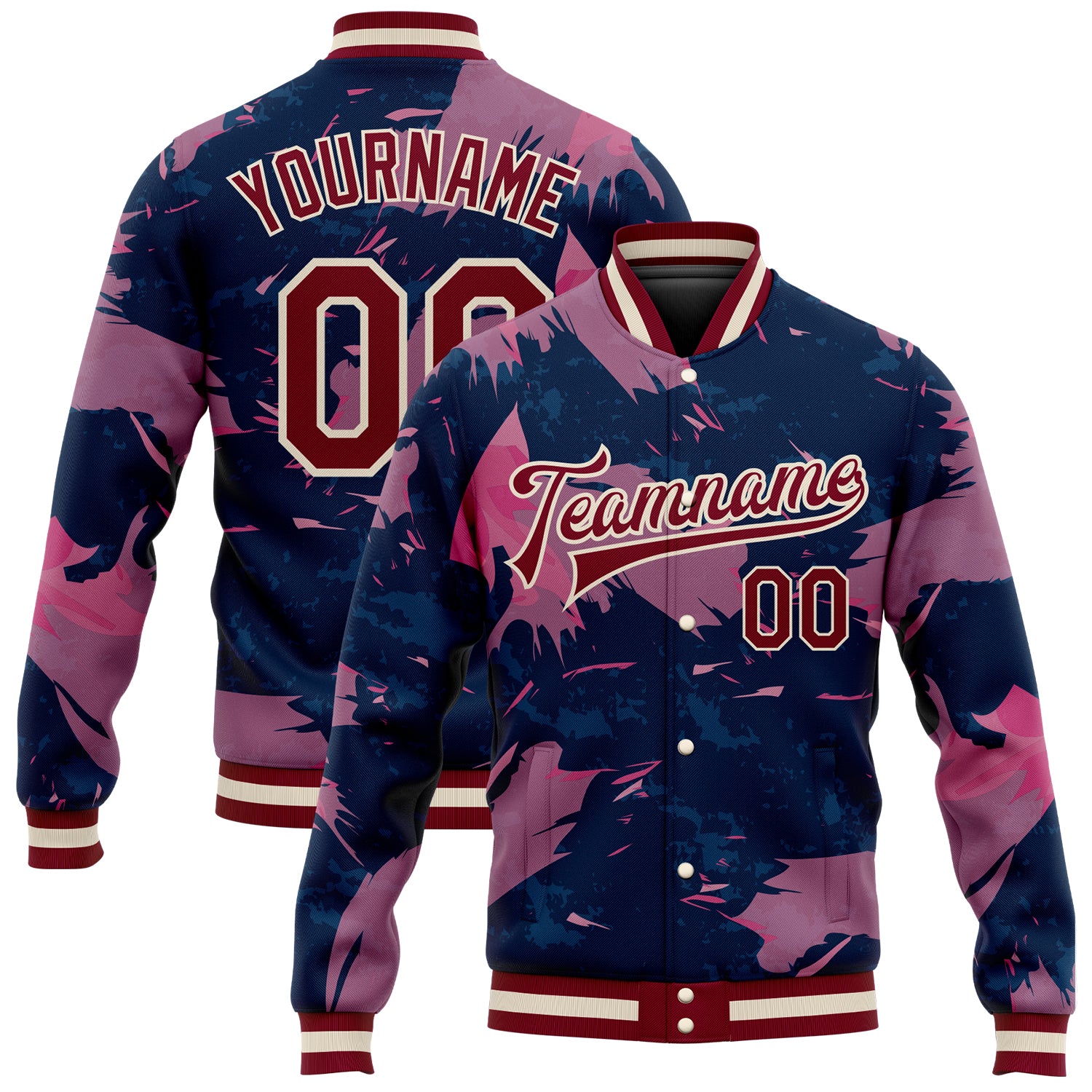 Personalized Pink Maroon Cream-Navy 3D Pattern Design Bomber Full-Snap Varsity Letterman Jacket Team Custom Name and Number