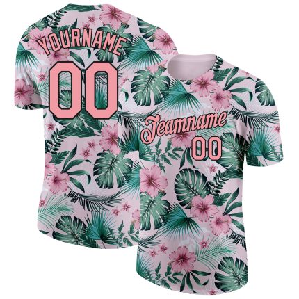 Personalized Pink Medium Pink-Black 3D Pattern Design Hawaii Palm Leaves And Flowers Performance T-Shirt Team Custom Name and Number