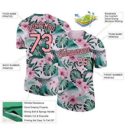 Personalized Pink Medium Pink-Black 3D Pattern Design Hawaii Palm Leaves And Flowers Performance T-Shirt Team Custom Name and Number