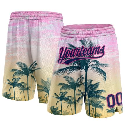 Personalized Pink Navy 3D Pattern Hawaii Palm Trees Authentic Basketball Shorts Team Custom Name and Number