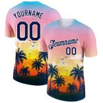 Personalized Pink Navy-White 3D Pattern Design Hawaii Palm Trees Performance T-Shirt Team Custom Name and Number