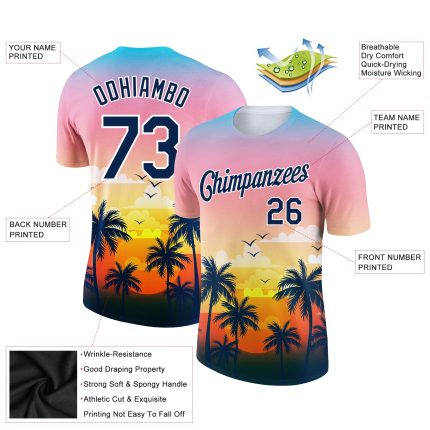 Personalized Pink Navy-White 3D Pattern Design Hawaii Palm Trees Performance T-Shirt Team Custom Name and Number