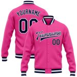 Personalized Pink Navy-White Bomber Full-Snap Varsity Letterman Jacket Team Custom Name and Number