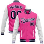 Personalized Pink Navy-White Bomber Full-Snap Varsity Letterman Two Tone Jacket