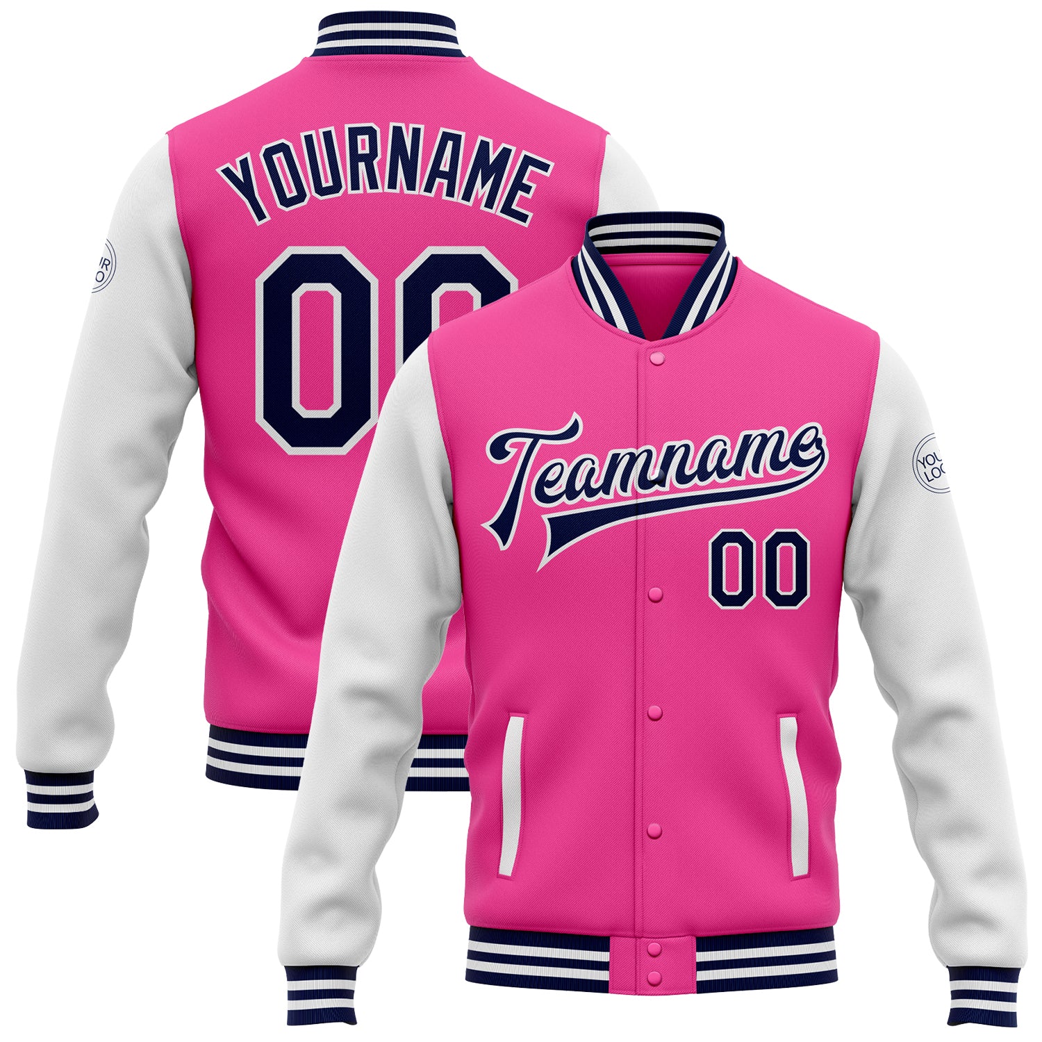 Personalized Pink Navy-White Bomber Full-Snap Varsity Letterman Two Tone Jacket