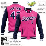 Personalized Pink Navy-White Bomber Full-Snap Varsity Letterman Two Tone Jacket Team Custom Name and Number