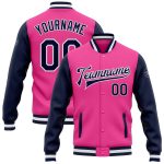 Personalized Pink Navy-White Bomber Full-Snap Varsity Letterman Two Tone Jacket Team Custom Name and Number
