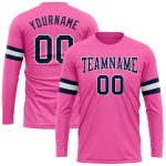 Personalized Pink Navy-White Long Sleeve Performance T-Shirt Team Custom Name and Number