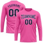 Personalized Pink Navy-White Long Sleeve Performance T-Shirt Team Custom Name and Number