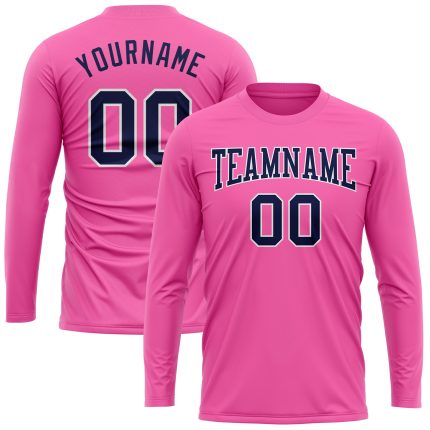 Personalized Pink Navy-White Long Sleeve Performance T-Shirt Team Custom Name and Number