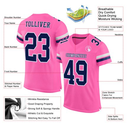Personalized Pink Navy-White Mesh Authentic Football Jersey Team Custom Name and Number