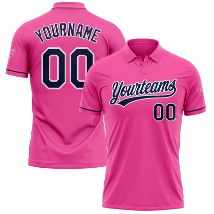 Personalized Pink Navy-White Performance Vapor Golf Polo Shirt Team Custom Name and Number
