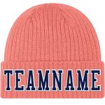 Personalized Pink Navy-White Stitched Cuffed Knit Hat Team Custom Name and Number