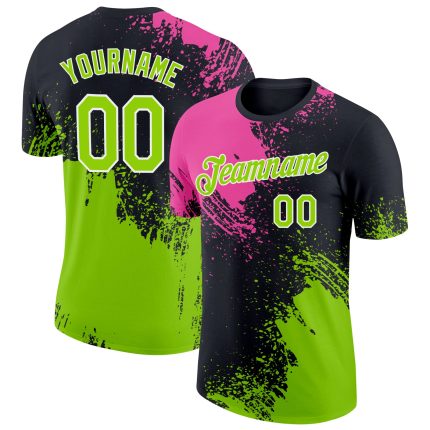 Personalized Pink Neon Green-Black 3D Pattern Design Abstract Brush Stroke Performance T-Shirt Team Custom Name and Number