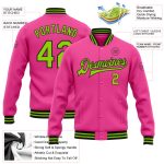 Personalized Pink Neon Green-Black Bomber Full-Snap Varsity Letterman Jacket Team Custom Name and Number