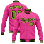 Personalized Pink Neon Green-Black Bomber Full-Snap Varsity Letterman Jacket Team Custom Name and Number