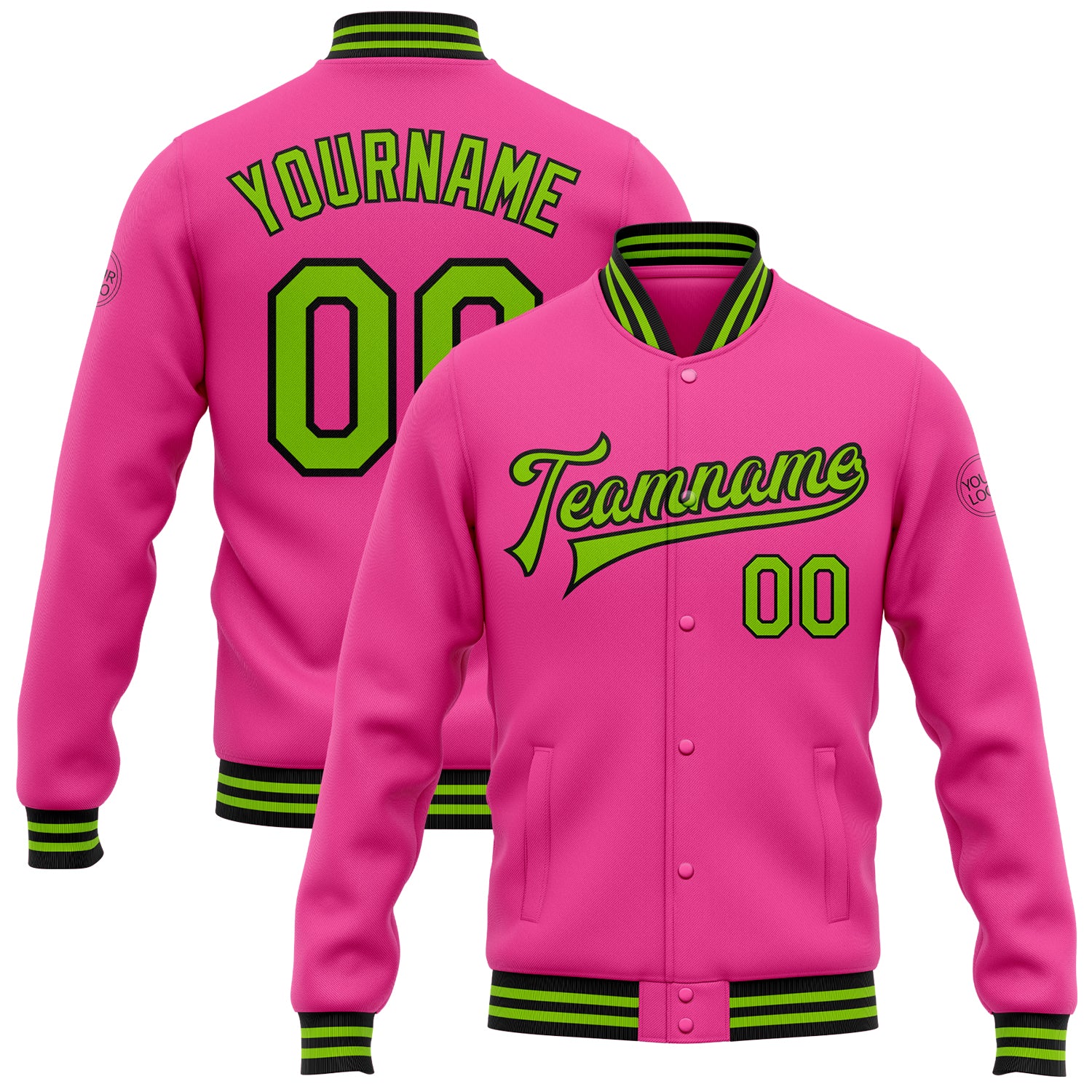 Personalized Pink Neon Green-Black Bomber Full-Snap Varsity Letterman Jacket Team Custom Name and Number