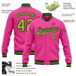 Personalized Pink Neon Green-Navy Bomber Full-Snap Varsity Letterman Jacket Team Custom Name and Number
